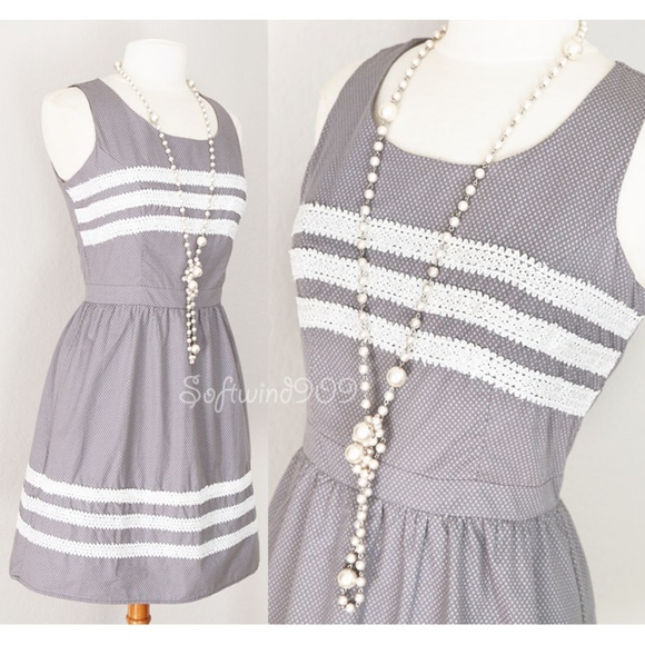 Gray White Lace Trim 100% Cotton Cute A line Dress - Picture 2 of 8